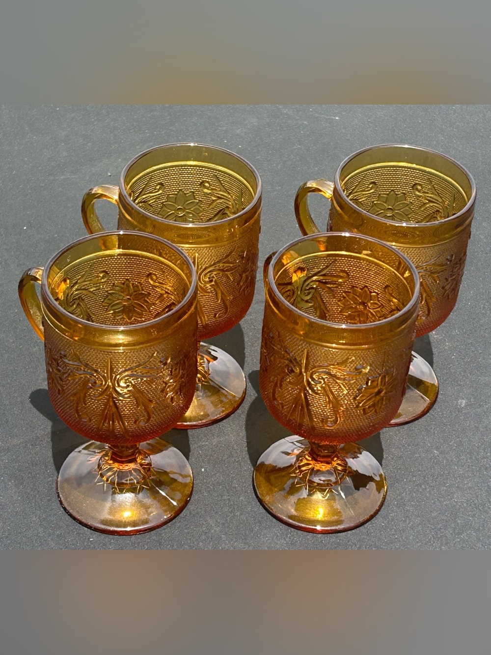 Vintage Tiara Amber Sandwich Glass Pedestal Mugs – Set of 4